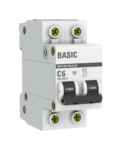 Автоматический выключатель 2P 6А (C) 4,5кА ВА 47-29 Basic (mcb4729-2-06C). Автоматический выключатель. EKF в Хабаровске