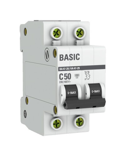 Автоматический выключатель 2P 50А (C) 4,5кА ВА 47-29 Basic (mcb4729-2-50C). Автоматический выключатель. EKF в Хабаровске