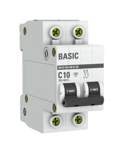 Автоматический выключатель 2P 10А (C) 4,5кА ВА 47-29 Basic (mcb4729-2-10C). Автоматический выключатель. EKF в Хабаровске