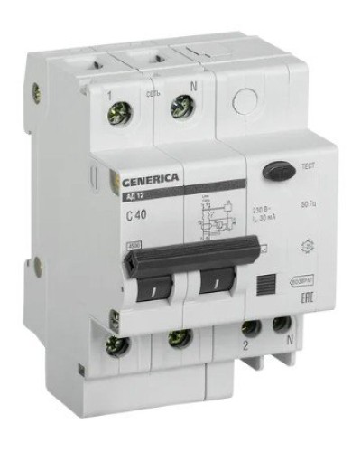 GENERICA АД12 2Р 40А 30мА (MAD15-2-040-C-030). Автоматический выключатель дифференциального тока. IEK в Хабаровске