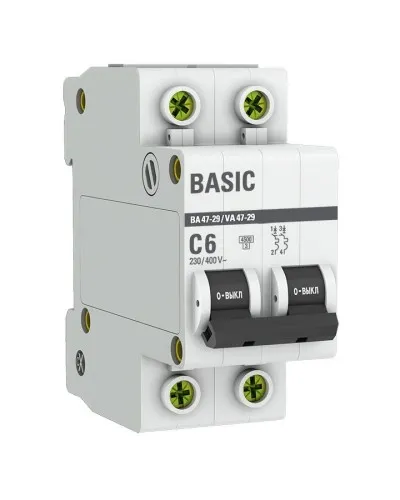 Автоматический выключатель 2P 6А (C) 4,5кА ВА 47-29 Basic (mcb4729-2-06C). Автоматический выключатель. EKF в Хабаровске