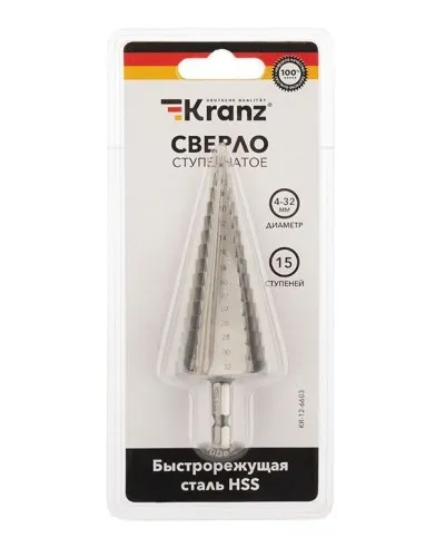 Сверло по металлу ступенчатое 4,0-32,0 мм 102 mm 62 HRC Kranz (KR-12-6603): Сверло по металлу шлифованное в Хабаровске